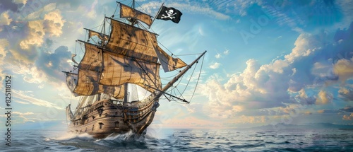 The pirate ship sails on the high seas in search of adventure and treasure. photo