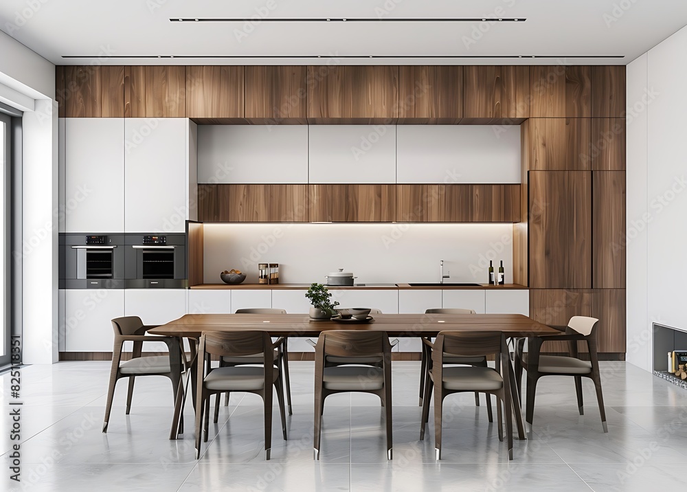 Modern kitchen interior with dining table and chairs