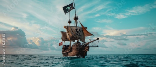 The pirate ship sails on the high seas in search of adventure and treasure. photo