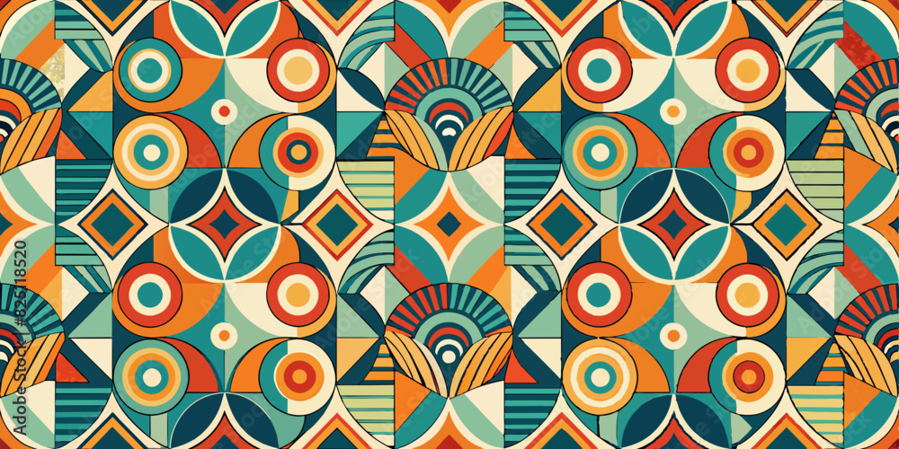 Vibrant geometric pattern features a variety of shapes, ncluding circles,diamonds and fans,with a retro colour palette.The repetition of shapes and colours creates a seamless and intricate pattern.AI Vibrant geometric pattern features a variety of shapes, ncluding circles,diamonds and fans,with a retro colour palette.The repetition of shapes and colours creates a seamless and intricate pattern.AI