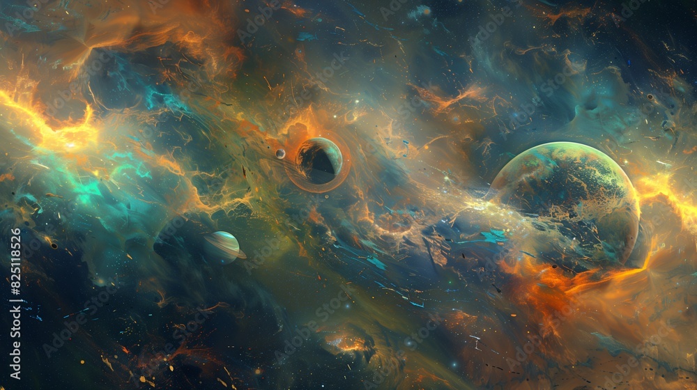 AI-generated celestial scene with planets and swirling nebulas, abstract art AI-generated celestial scene with planets and swirling nebulas, abstract art