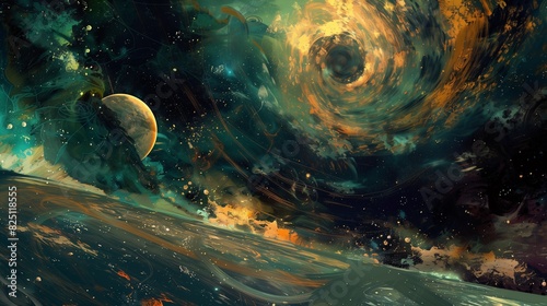 AI-generated celestial scene with planets and swirling nebulas, abstract art