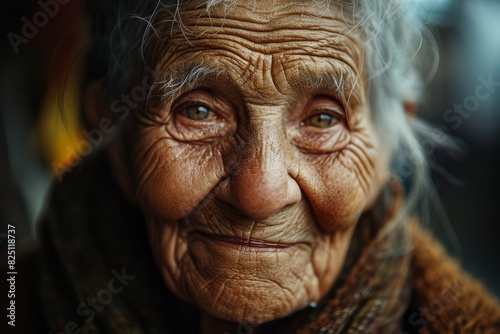Close-up of an elderly woman with deep wrinkles on her face © Nino Lavrenkova