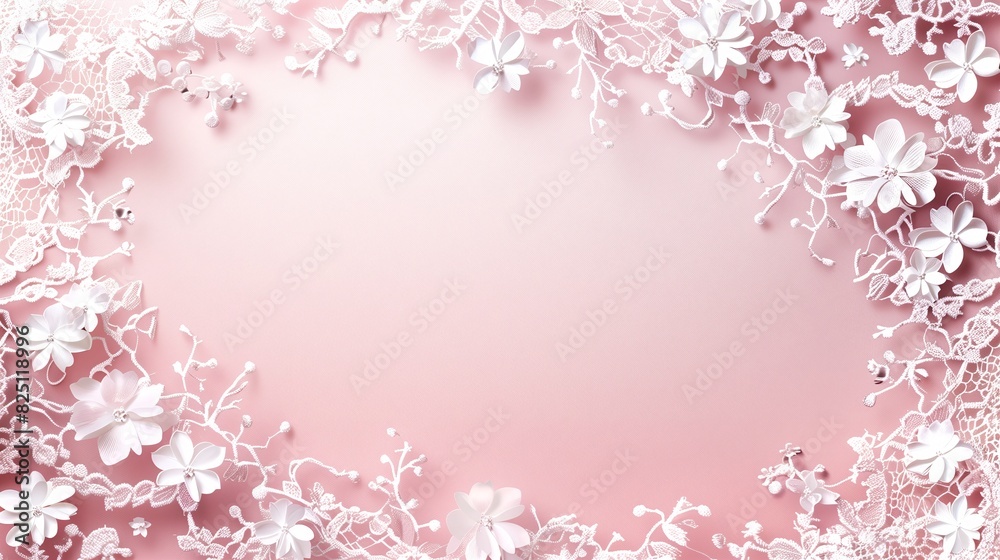 Delicate lace border with floral motifs on a soft pink background, art design Delicate lace border with floral motifs on a soft pink background, art design