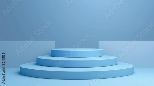 Blue podium mockup. Studio showroom pedestal, fashion showcase mock up scene or exhibition gallery display 3d vector podium