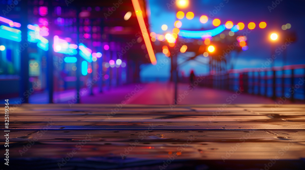 A wooden table by a seaside promenade, blurred neon lights from the pier dance in the background.