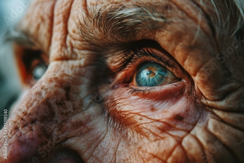 A detailed view of an elderly mans eye  showing the natural creases and wrinkles characteristic of aging