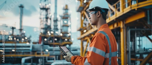 Oil and gas worker in protective workwear and safety glasses using digital tablet while inspecting industrial oil and gas refinery.