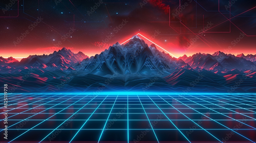 Retro 80s synthwave design with neon grids and mountains, background ...