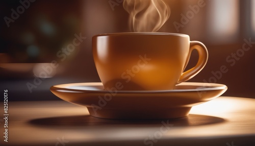 Warm steam rises from a simple yet elegant coffee cup in a cozy indoor setting bathed in soft light.