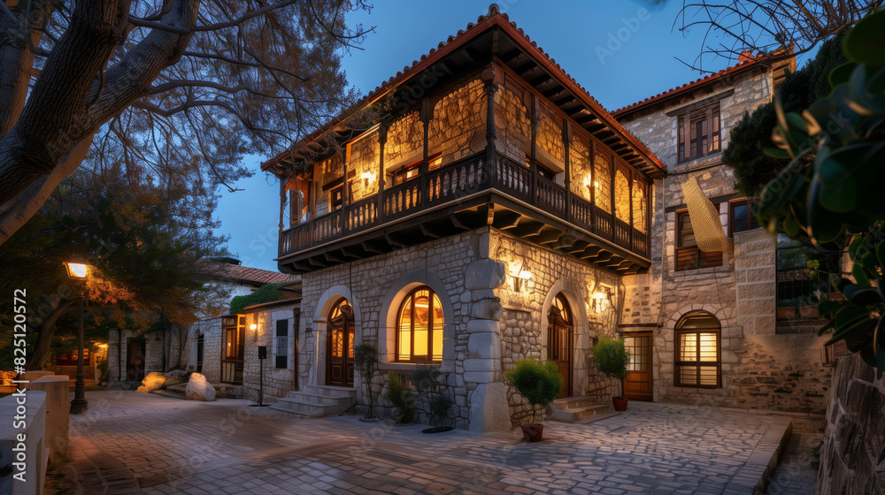 Beautiful rustic Mediterranean stone house with warmly lit windows and balconies, enveloped in lush greenery and photographed at twilight.