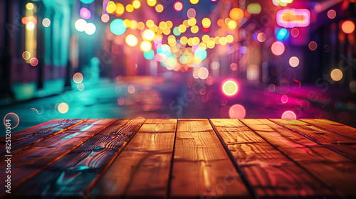 A wooden table illuminated by a dazzling blur of neon lights, with the street softly fading into the background.