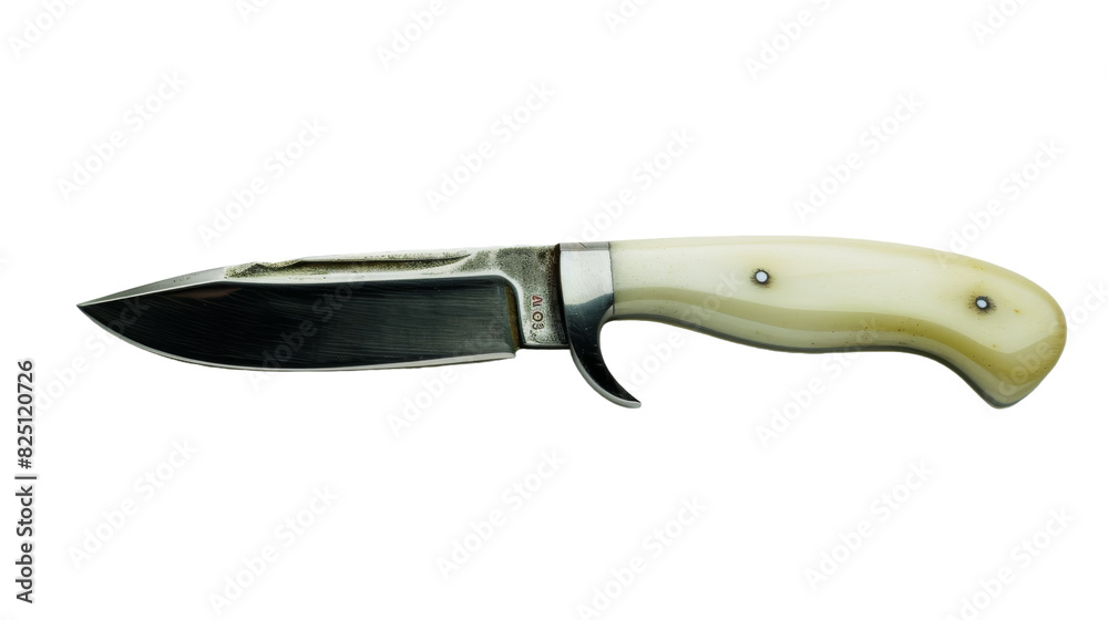 A black-handled knife set against a clean white background