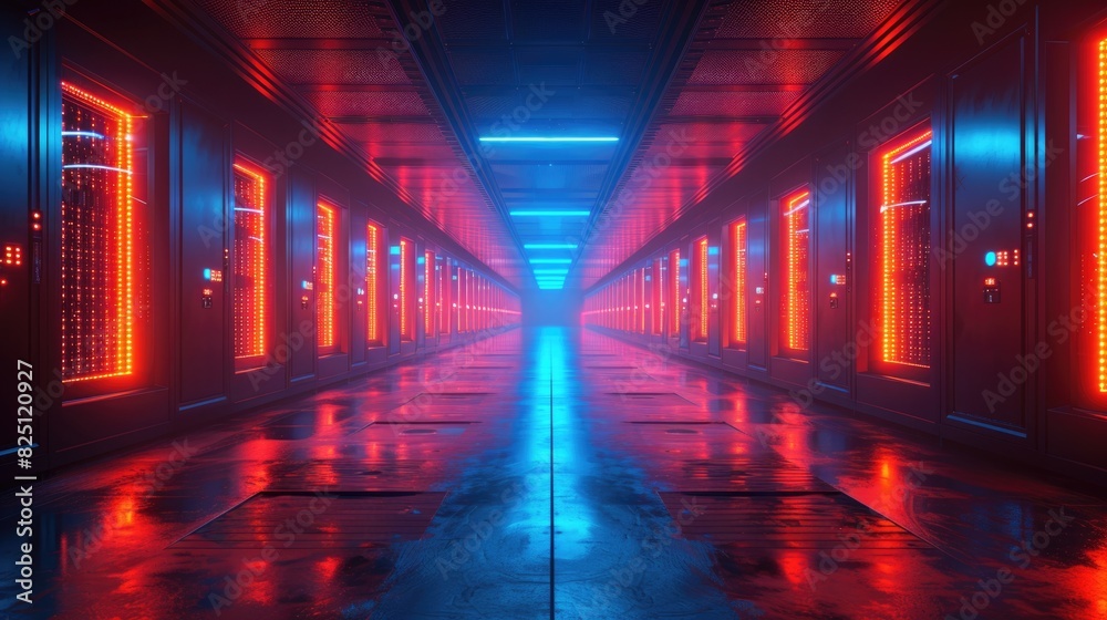 A long, dark hallway with red and blue lights.