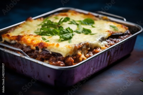 Exquisite moussaka on a plastic tray against a polished metal background