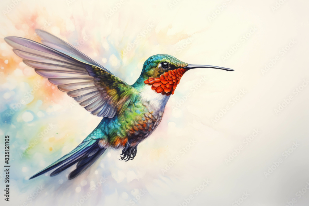 Obraz premium Detailed illustration of a vibrant hummingbird in mid-flight with colorful splashes in the background, showcasing nature's beauty.