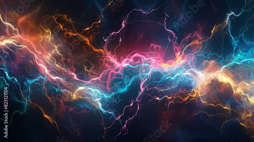 Energetic pulses of electricity represented by abstract glowing patterns intertwining and flowing on a dark canvas