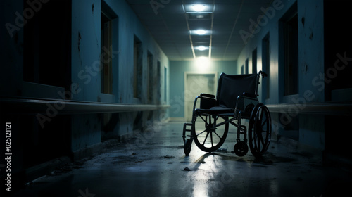 Dimly lit hospital corridor with an empty wheelchair, creating a haunting and eerie atmosphere. Perfect for medical or horror themed projects.
