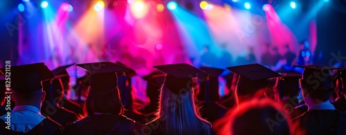 Roman style theatre stage with spotlight on college students wearing caps, school uniforms of black and red colors sitting in the audience during graduation ceremony, neon lights in blue, purple, pink photo