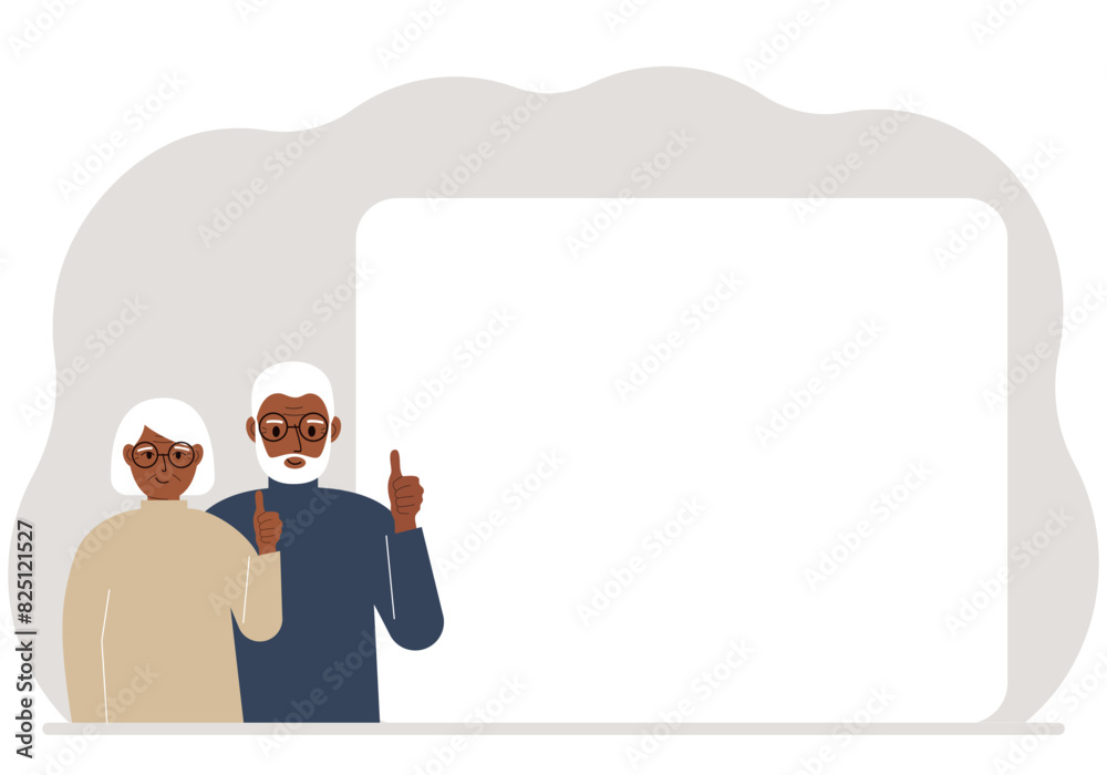 Elderly Man and Woman with Thumbs Up. Activists near the poster. Elderly Man and Woman with Thumbs Up. Activists near the poster.