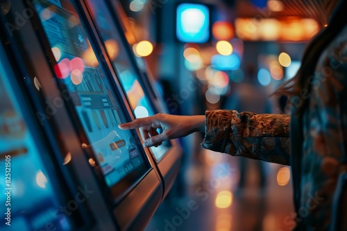 A person is seen using a touch screen kiosk in a city at night photo
