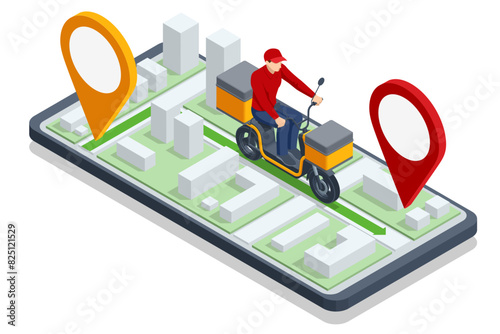 Isometric Logistics, Business logistics, Logistic, Online delivery, Export and Import. Delivery Motorcycle, Delivery man riding a scooter. Delivery home and office. City logistics.