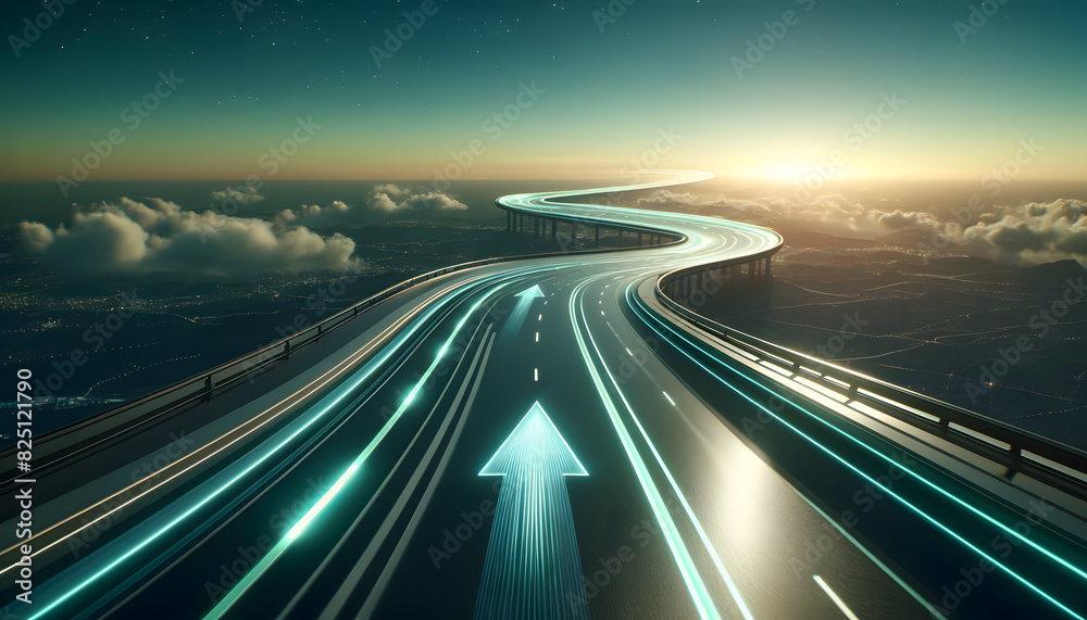 A futuristic, curving road features glowing arrows along the side, indicating direction and speed. The wet road reflects the light of the arrows, while the background showcases a clear, gradient sky A futuristic, curving road features glowing arrows along the side, indicating direction and speed. The wet road reflects the light of the arrows, while the background showcases a clear, gradient sky