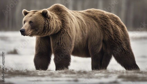 A bear standing on all fours with a look of focus and alertness as it stares into the distance. photo