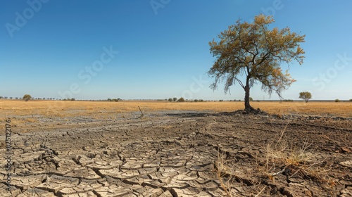 a vast  arid landscape with a single tree in the foreground. The ground is cracked and dry