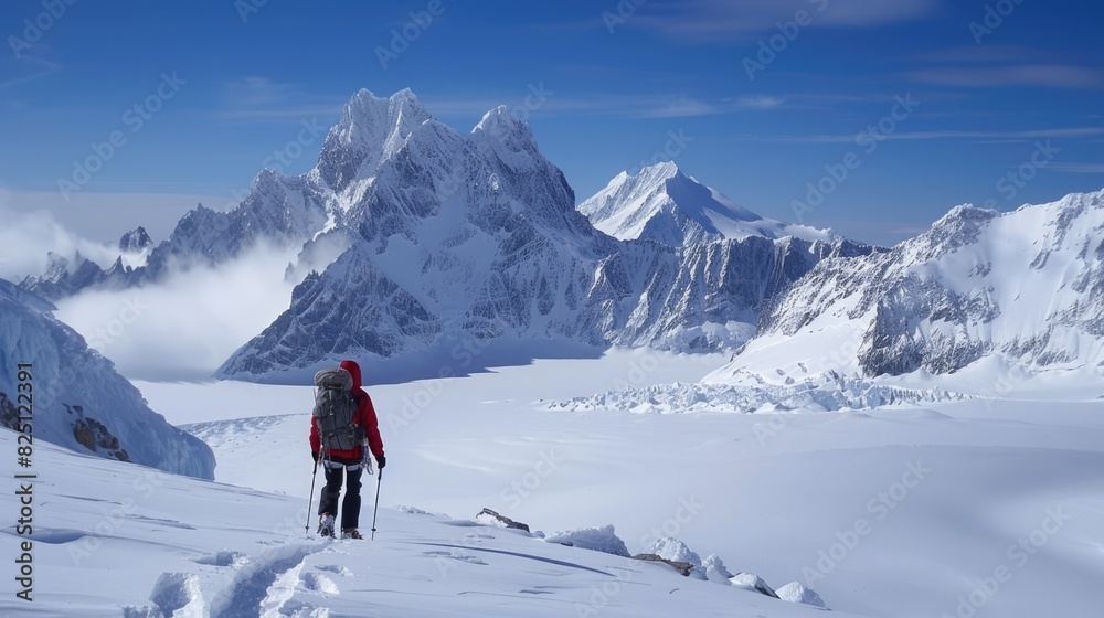 A mountain climber in a red jacket is walking on a glacier. The climber is surrounded by snow-capped mountains.
