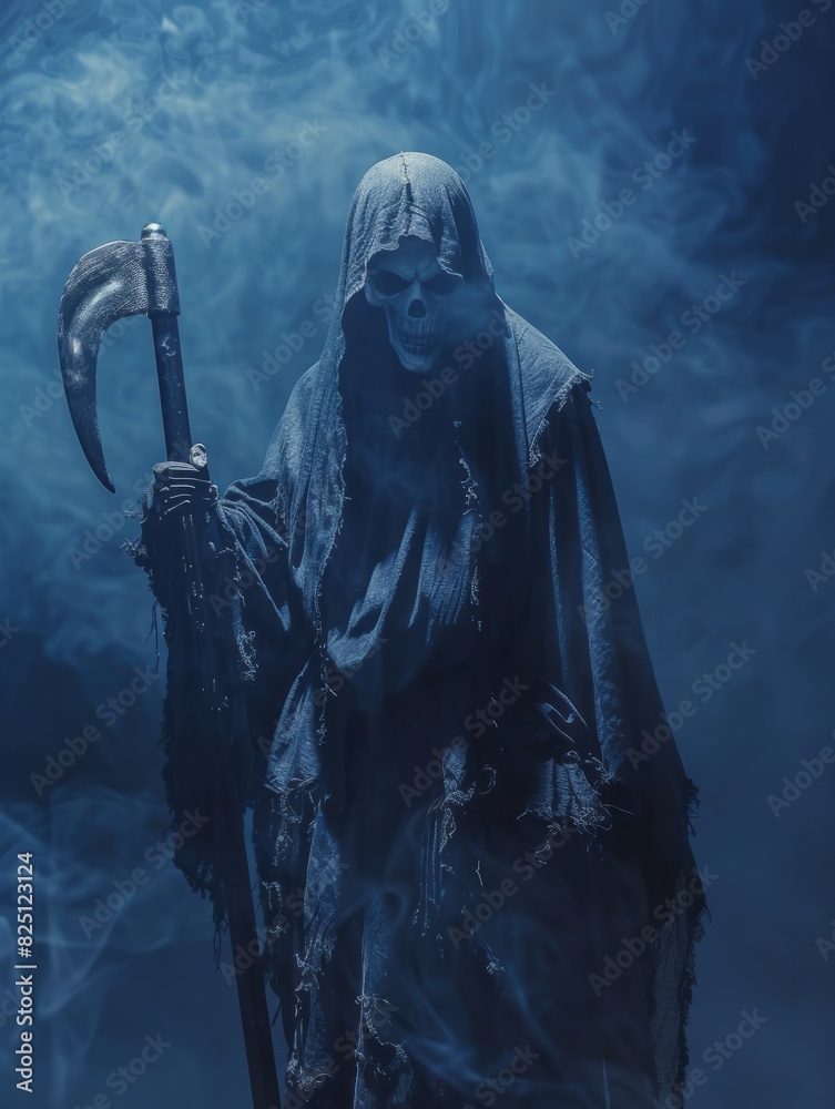 Grim Reaper Costume for Halloween on a Dark Blue Background Grim Reaper Costume for Halloween on a Dark Blue Background
