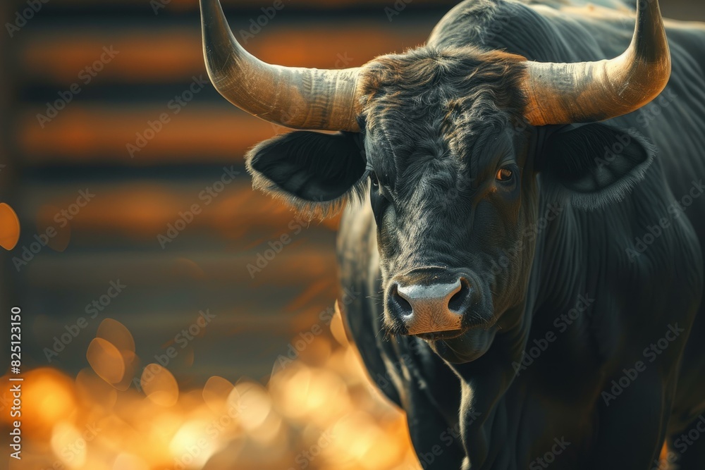 Powerful black bull with curved horns stands in a warm, glowing light Powerful black bull with curved horns stands in a warm, glowing light