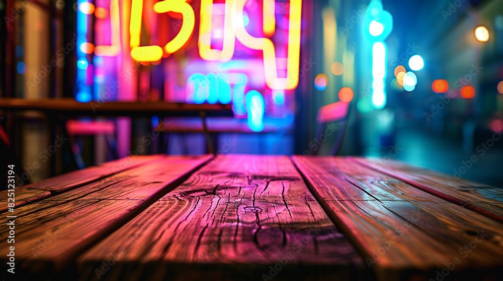 A wooden table outside a caf?(C) at night, blurred neon lights providing a colorful and vibrant background.