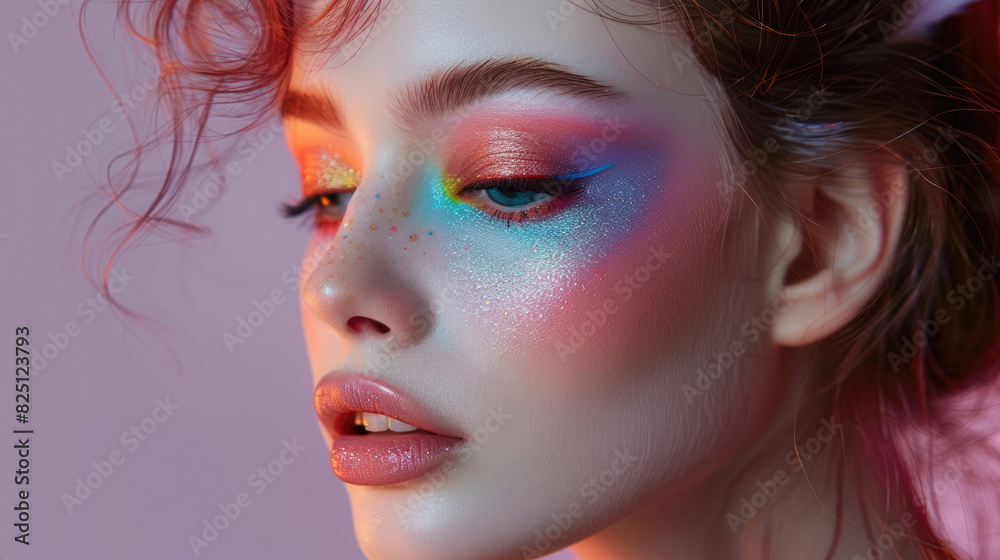 A woman with rainbow glitter makeup on her face. 