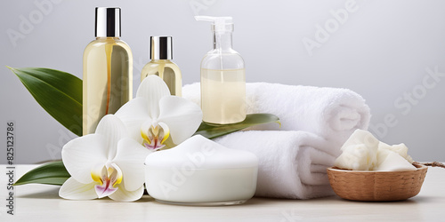 Spa salon accessories. Rest and relaxation. Skin care product package design. Bathroom with candles, towels, spa products.