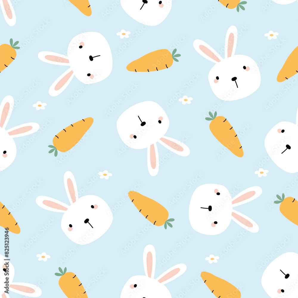 Cute Bunny and Carrot Seamless Pattern on Light Blue Background Cute Bunny and Carrot Seamless Pattern on Light Blue Background