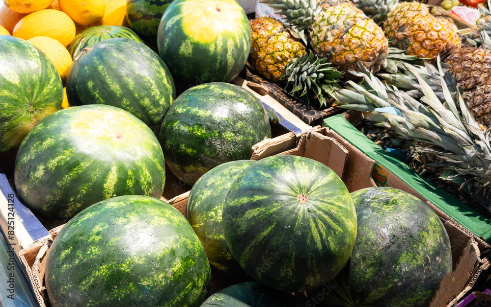 Green and striped watermelons in cardboard boxes at a local outdoor market