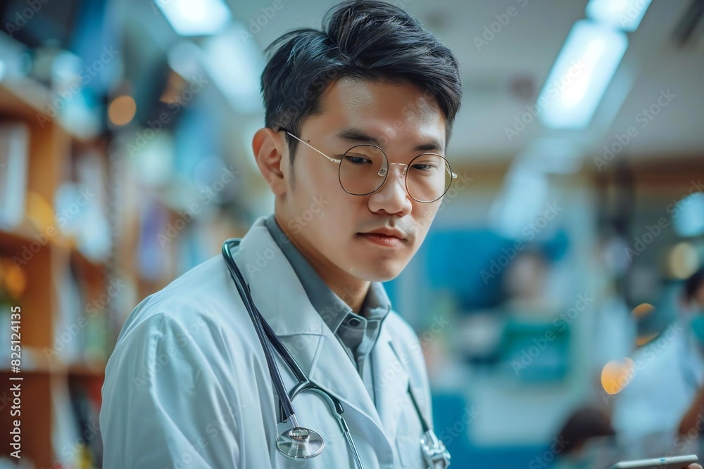 Close-up photo of an Asian male IT technician diagnosing tech issues using a tablet in an office setting
