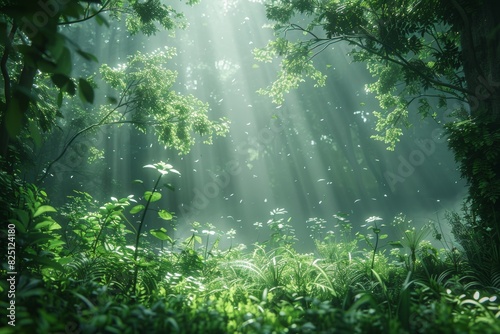 Tranquil Virtual Forest Scene with Sunlight Filtering Through Lush Foliage.