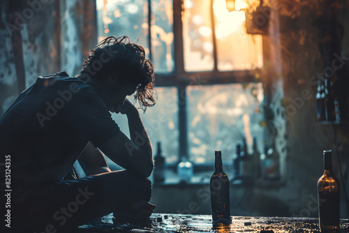 Alcohol addiction concept, a man sitting in a dark room surrounded by bottles of alcohol
