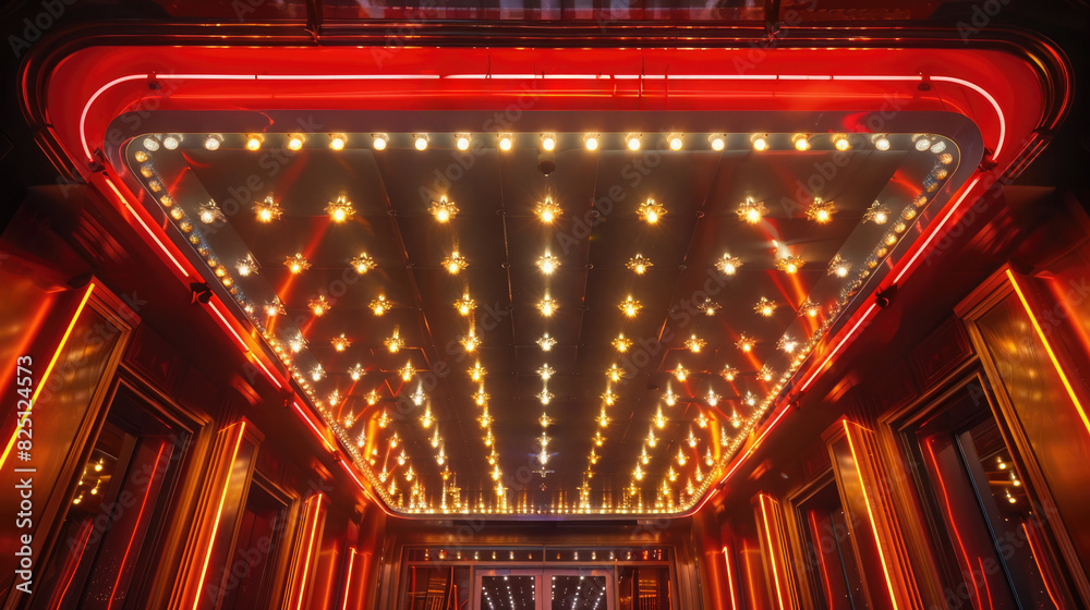 An Art Deco style entrance to a building with a red neon sign and star-shaped lights on the ceiling. An Art Deco style entrance to a building with a red neon sign and star-shaped lights on the ceiling.