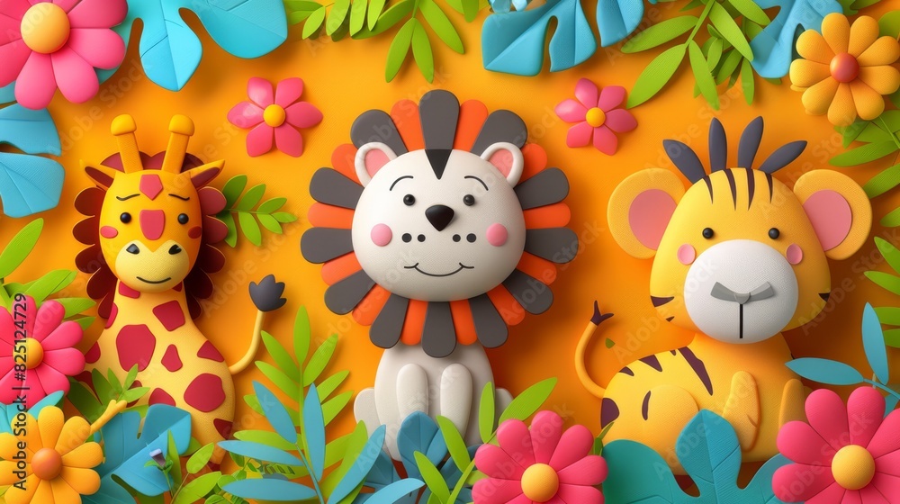 Playful illustration of a giraffe, lion, and tiger in a jungle with vibrant flowers and leaves. Perfect for children's themes.
