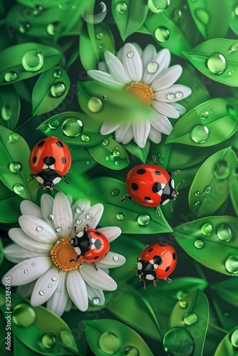 ladybugs on flowers half raindrops on beautiful green leaves. cartoon style