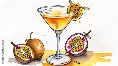 Watercolor drawing of a Porn star martini cocktail glass with passion fruit and martini