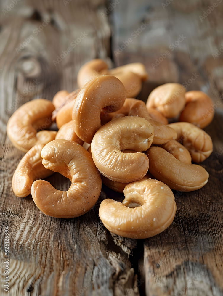 Close-up of cashews on rustic wooden surface Close-up of cashews on rustic wooden surface