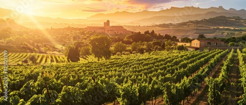 Vineyard landscape with sunset over rolling hills of Tuscany, Italy