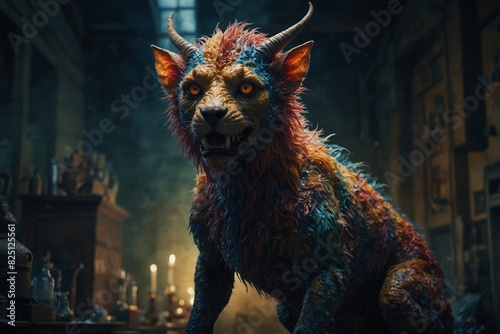 A colorful  furry monster with horns and a mouth full of teeth