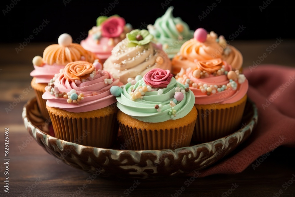 Tempting cupcakes in a clay dish against a leather background