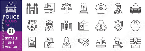 A set of line icons related to police. Law, police, crime, criminal, prison, vehicle, emblem, crime report and so on. Vector outline icons set.