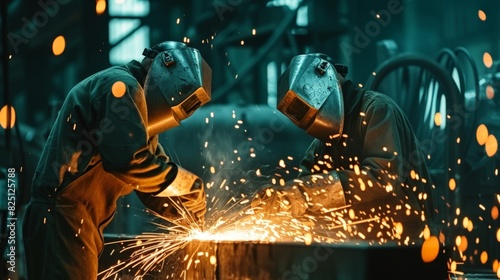 Get a glimpse of skilled craftsmanship with an image featuring two handymen engaged in welding and grinding, sparks flying as they work diligently  photo